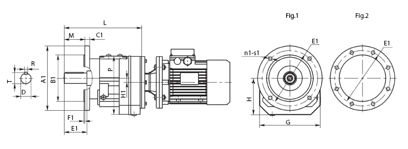 Габаритные и присоединительные размеры соосно-цилиндрического мотор-редуктора RCF